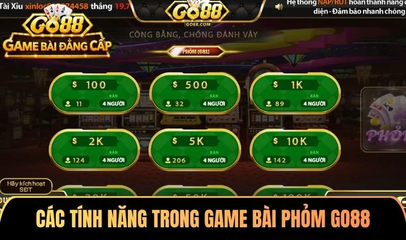 Các tính năng trong game bài Phỏm Go88